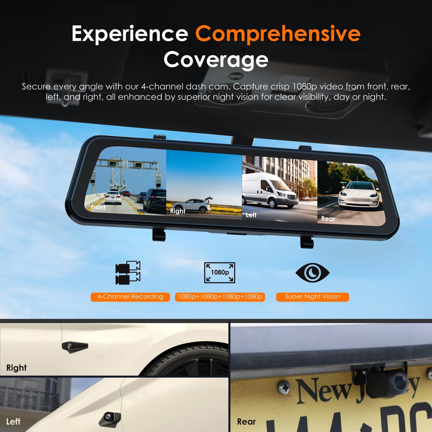 UZIVO U24 Mirror Dash Cam, 4-Channel, 12” Touchscreen, 1080p, 170° Wide Angle, Stream Media, Auto-Backup Camera for Car, Truck, Taxi, Night Vision, Parking Monitor,FREE 128GB Card