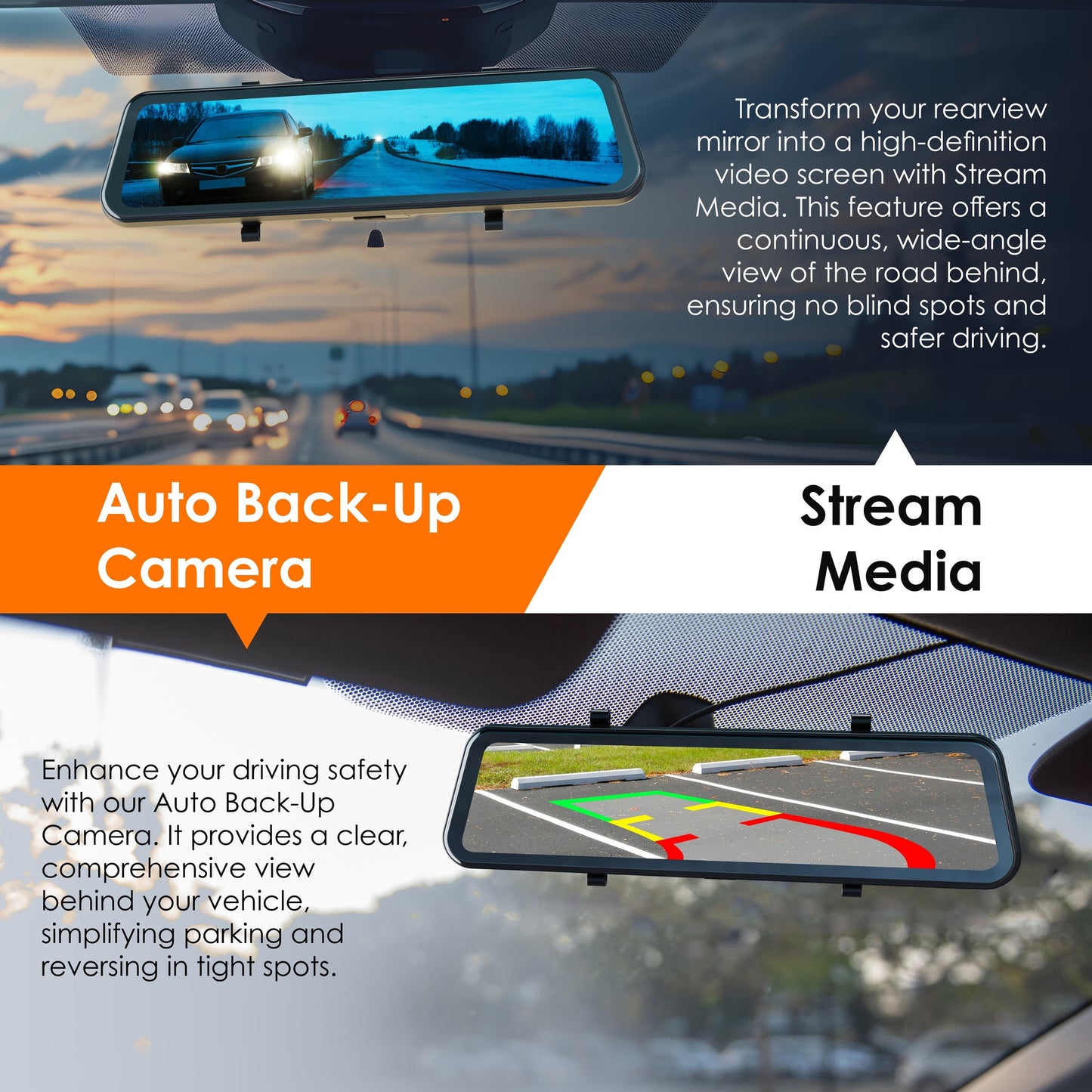 UZIVO U24 Mirror Dash Cam, 4-Channel, 12” Touchscreen, 1080p, 170° Wide Angle, Stream Media, Auto-Backup Camera for Car, Truck, Taxi, Night Vision, Parking Monitor,FREE 128GB Card