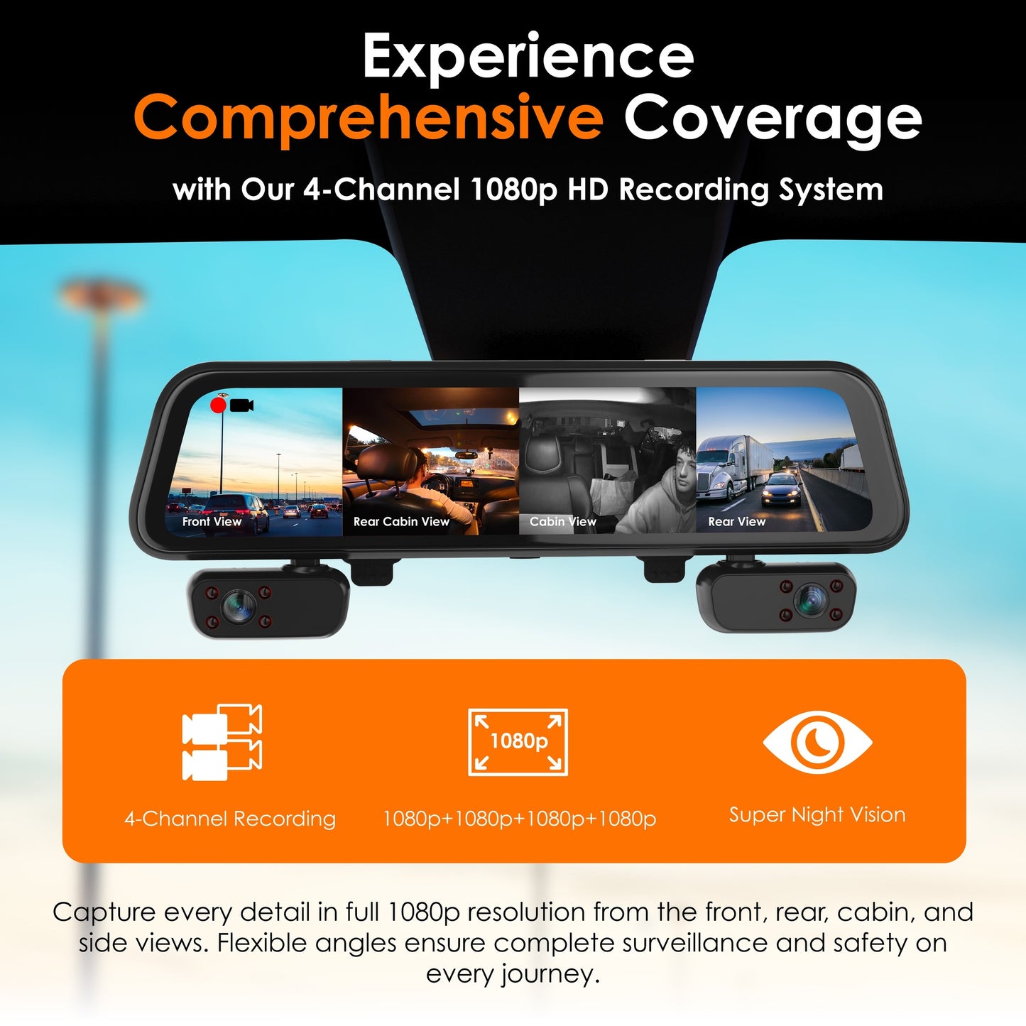 UZIVO U44 4-Channel Mirror Dash Cam, 12” Touch Screen, 1080p, 170° Wide Angle, Stream Media, Auto-Backup Camera for Car, Truck, Taxi, Parking Monitor, Night Vision,FREE 128GB Card