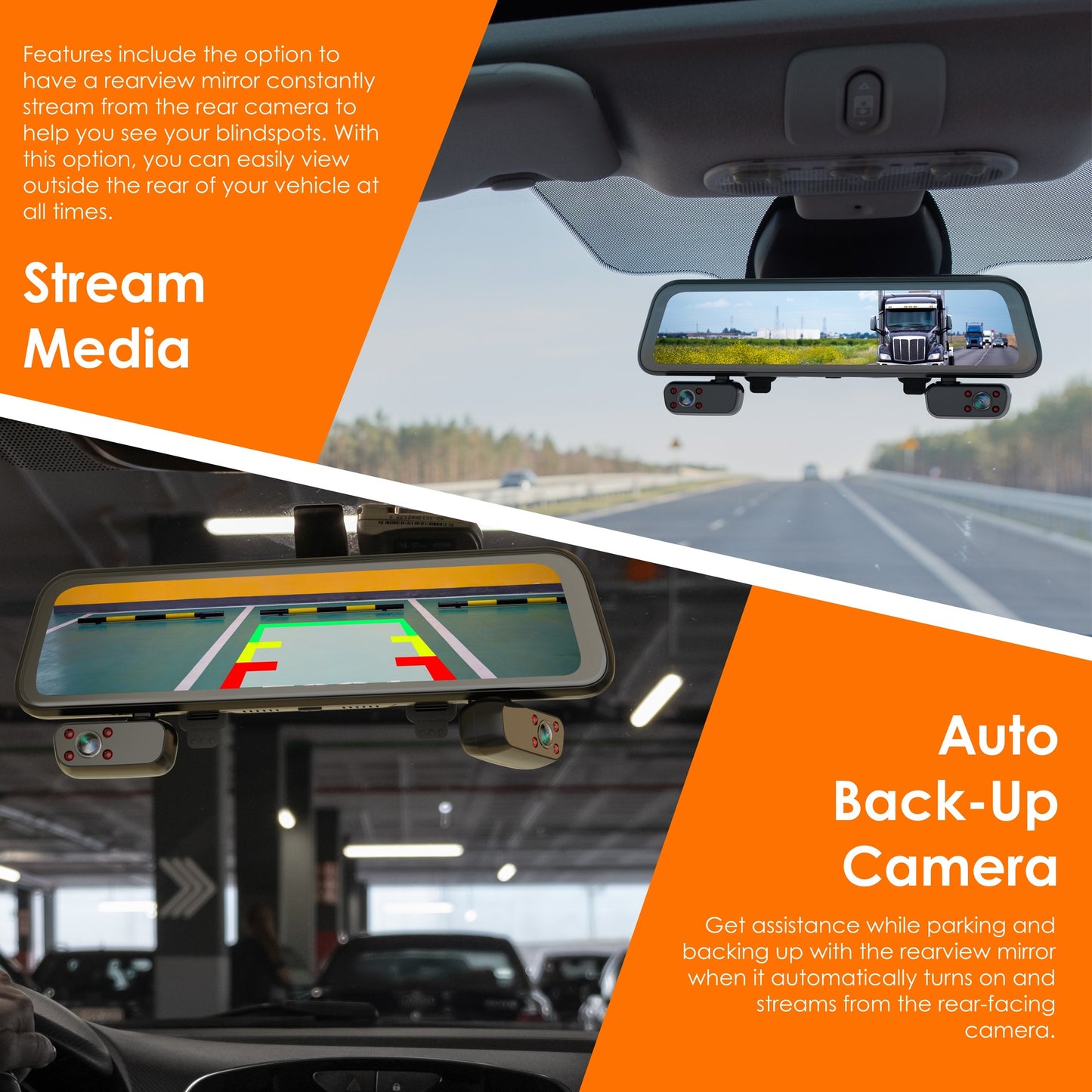 UZIVO U44 4-Channel Mirror Dash Cam, 12” Touch Screen, 1080p, 170° Wide Angle, Stream Media, Auto-Backup Camera for Car, Truck, Taxi, Parking Monitor, Night Vision,FREE 128GB Card