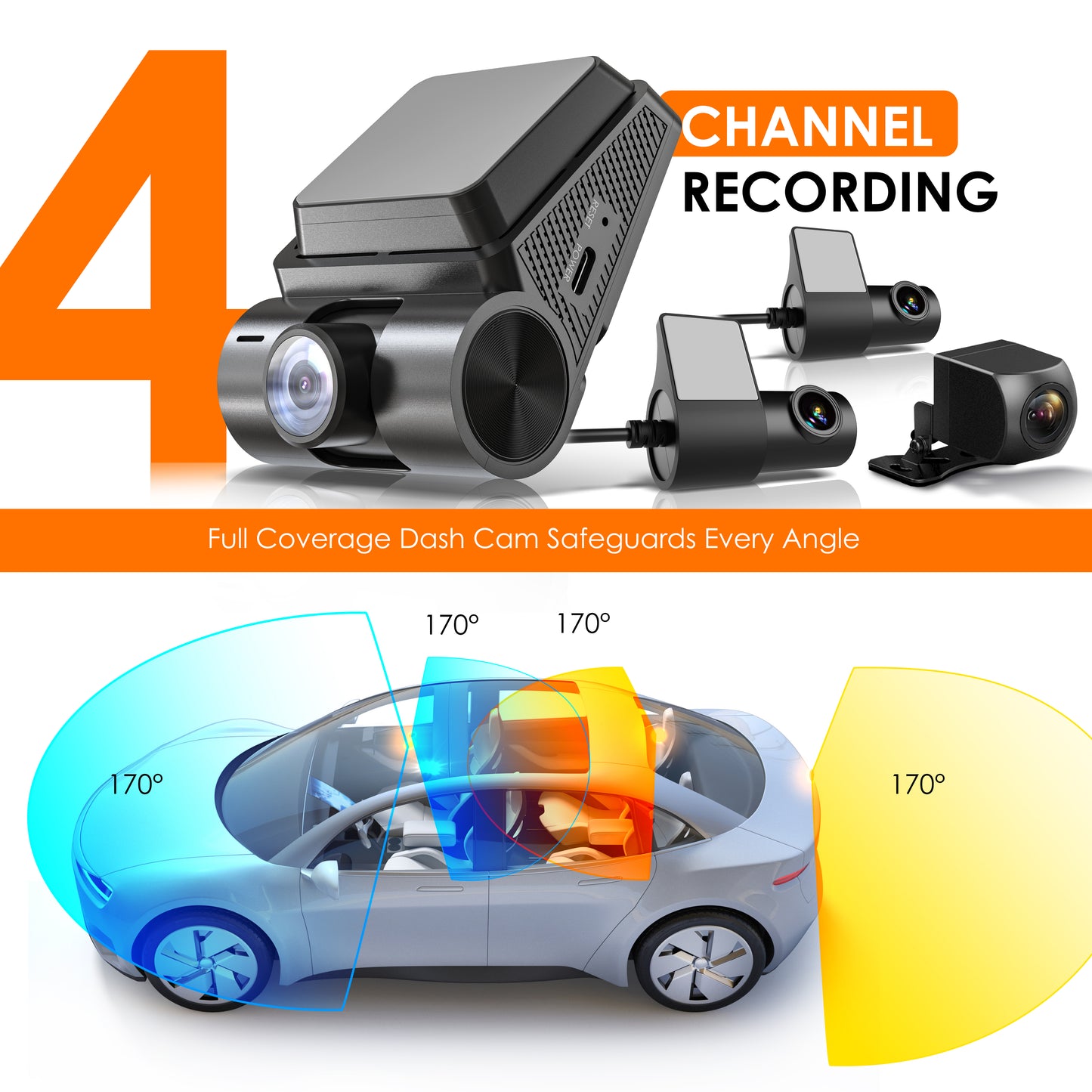Uzivo RH24 Quad-Channel Dash Cam – 1080p Front, Rear, Cabin & Exterior Coverage | Wi-Fi | Optional GPS | 2" LCD | 170° Wide Angle | 24-Hour Parking Surveillance | 128GB Memory Card Included