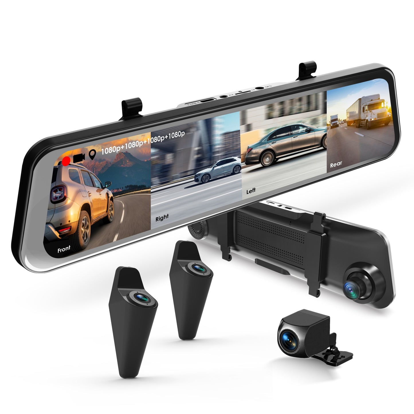 UZIVO U24 Mirror Dash Cam, 4-Channel, 12” Touchscreen, 1080p, 170° Wide Angle, Stream Media, Auto-Backup Camera for Car, Truck, Taxi, Night Vision, Parking Monitor,FREE 128GB Card
