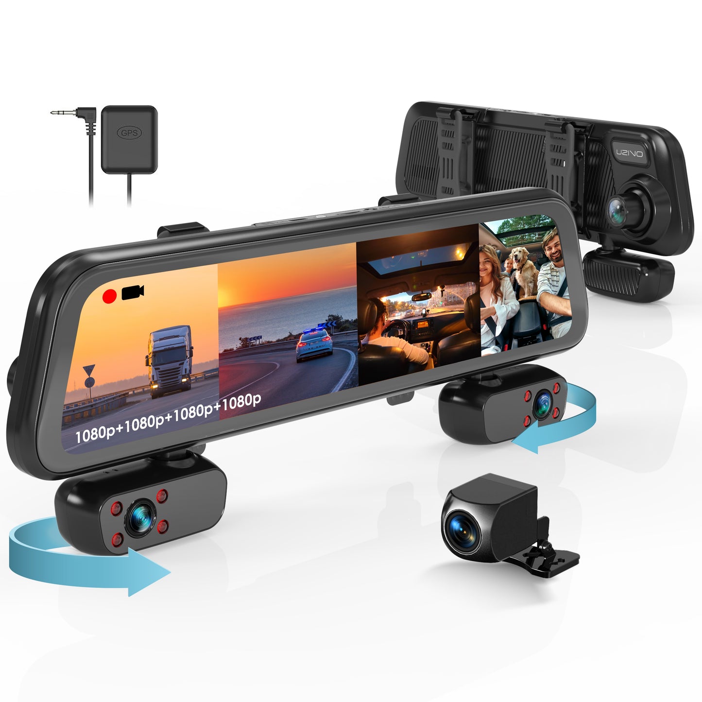 UZIVO U44 4-Channel Mirror Dash Cam, 12” Touch Screen, 1080p, 170° Wide Angle, Stream Media, Auto-Backup Camera for Car, Truck, Taxi, Parking Monitor, Night Vision,FREE 128GB Card