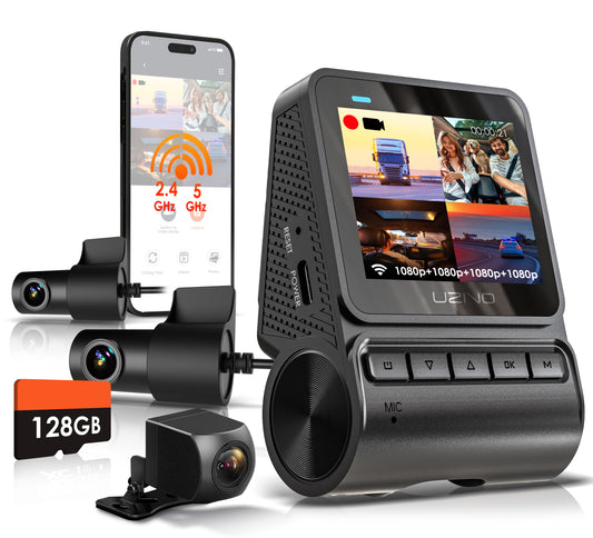 Uzivo RH24 Quad-Channel Dash Cam – 1080p Front, Rear, Cabin & Exterior Coverage | Wi-Fi | Optional GPS | 2" LCD | 170° Wide Angle | 24-Hour Parking Surveillance | 128GB Memory Card Included